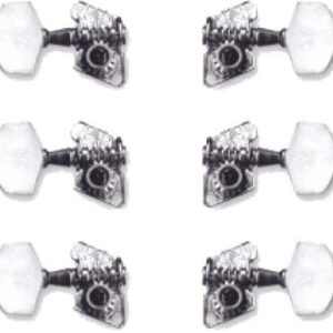 Clavijas para guitarra acústica con botones de plástico y partes metálicas de níquel.