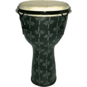Djembe de 12? construído en fibra. Color gris claro y decorado con motivos abstractos