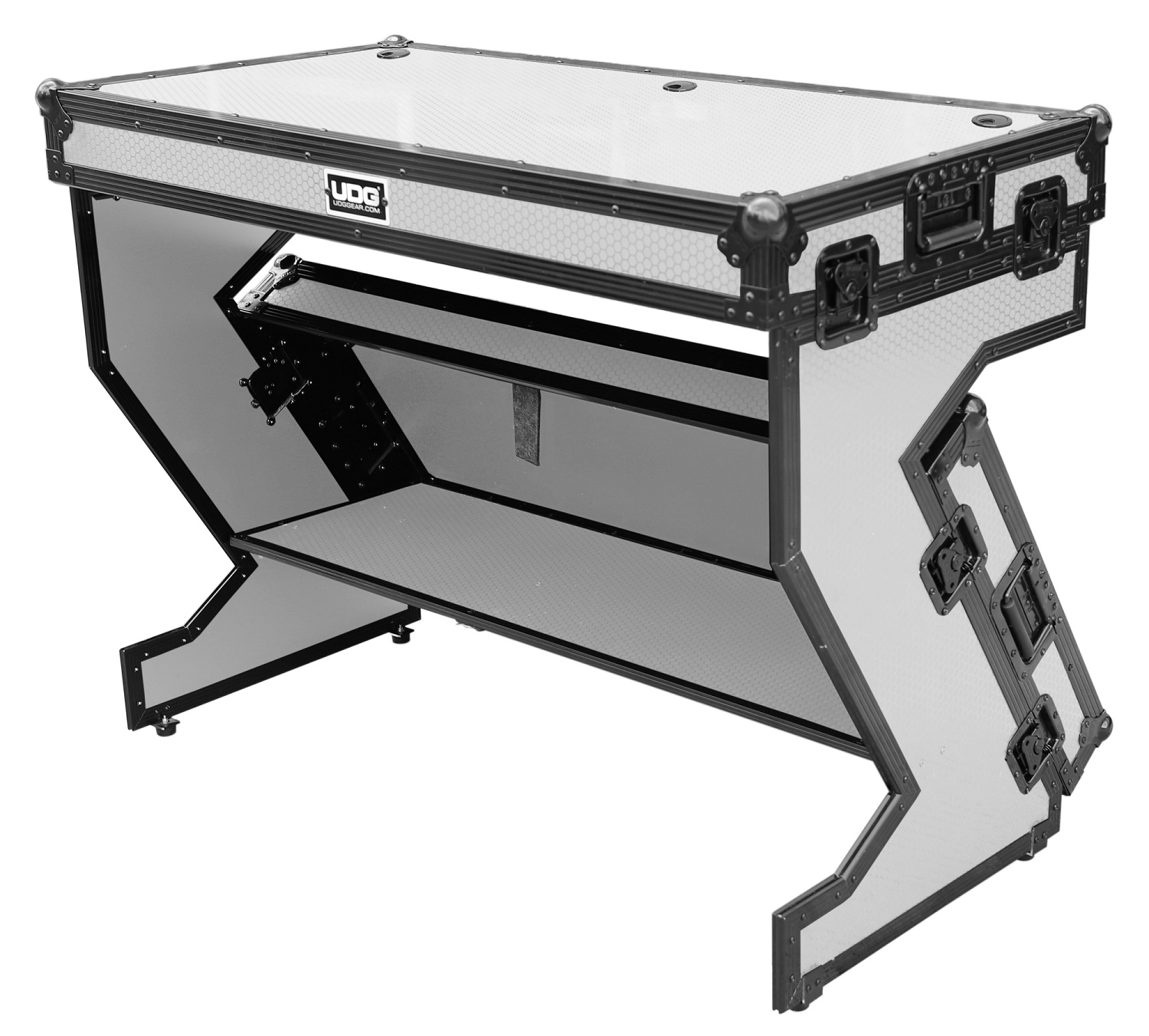 U91072WH -ULTIMATE FLIGHT CASE PORTABLE Z-STYLE DJ TABLE WHITE PLUS (WHEELS)